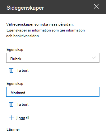 Webbdelsfönstret Sidegenskaper