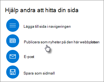 Panelen Höj upp som visar Publicera som Nyheter på den här webbplatsen