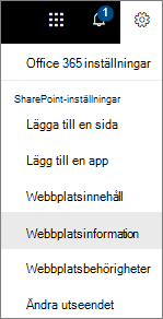 Menyn Inställningar med Webbplatsinformation markerat