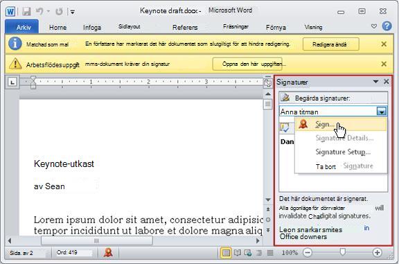 Objekt där fönstret Signaturer är öppet