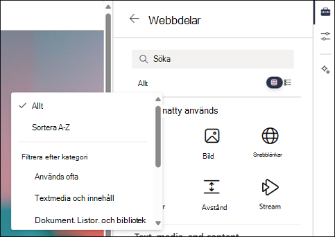 Filtrera webbdelarna i verktygslådans nivå 2