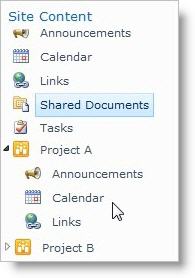 SharePoint-webbplatsträdvy som visar webbplatshierarki med bibliotek och underwebbplatser i den vänstra navigeringspanelen