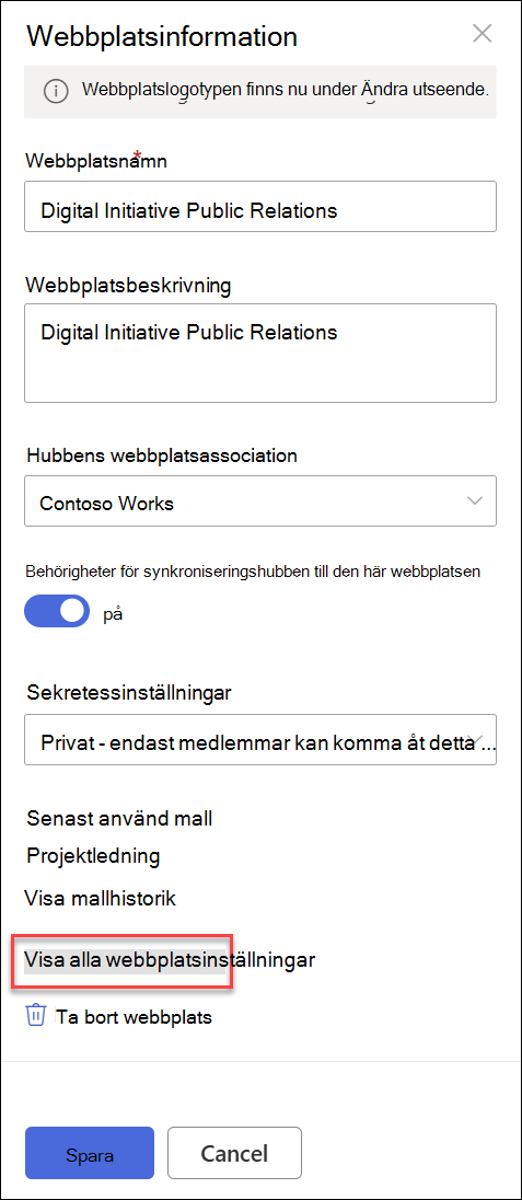 Dialogrutan Webbplatsinformation.