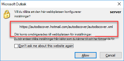 Outlook omdirigerar till Upptäck automatiskt
