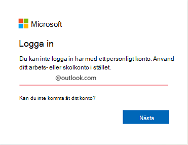 Skärmbild av inloggningsfel i Outlook