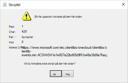 En skärmbild av felmeddelandet Ett fel har uppstått i skriptet på den här sidan.