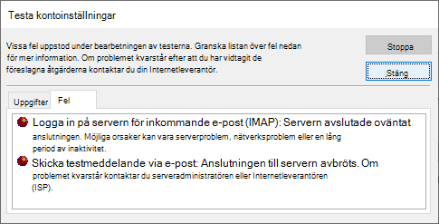 Skärmbild av fönstret Testa kontoinställningar Fliken Fel – IMAP