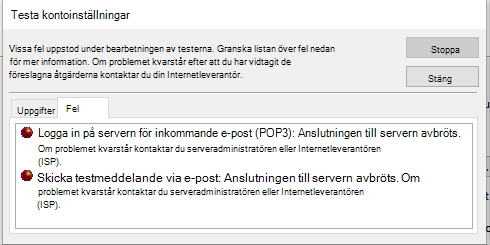 Skärmbild av fönstret Testa kontoinställningar Fliken Fel – POP3