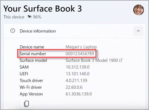 Hitta serienumret på din Surface-enhet i Surface-appen.