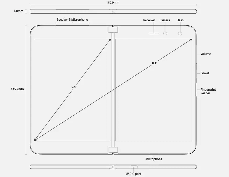 Visar dimensioner och funktioner för Surface Duo med enheten öppen.