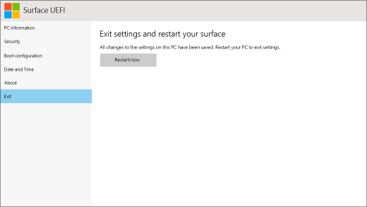 Avslutningsskärmen för Surface UEFI