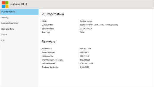 Datorinformationsskärm för Surface UEFI