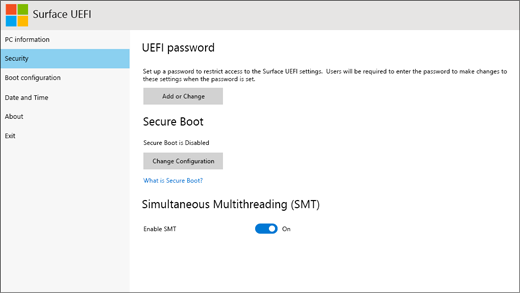 Skärmbild av säkerhetsskärmen på Surface UEFI.