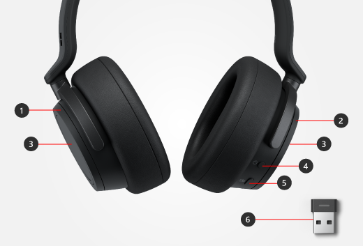 Knappar och inställningsskivor på Surface Headphones plus Surface USB-länk