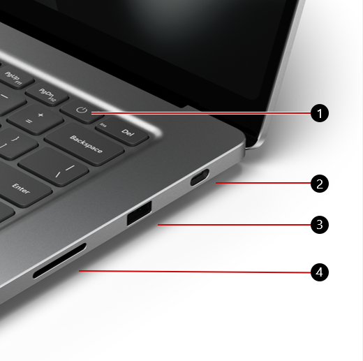 Surface Laptop Ultra. Bildtexter markerar Surface magnetic connect USB-C-porten, en USB-A-port och en SD-kortläsare till höger på den bärbara datorns bas. Strömknappen, den andra tangenten från höger i den översta raden på tangentbordet, är också synlig.