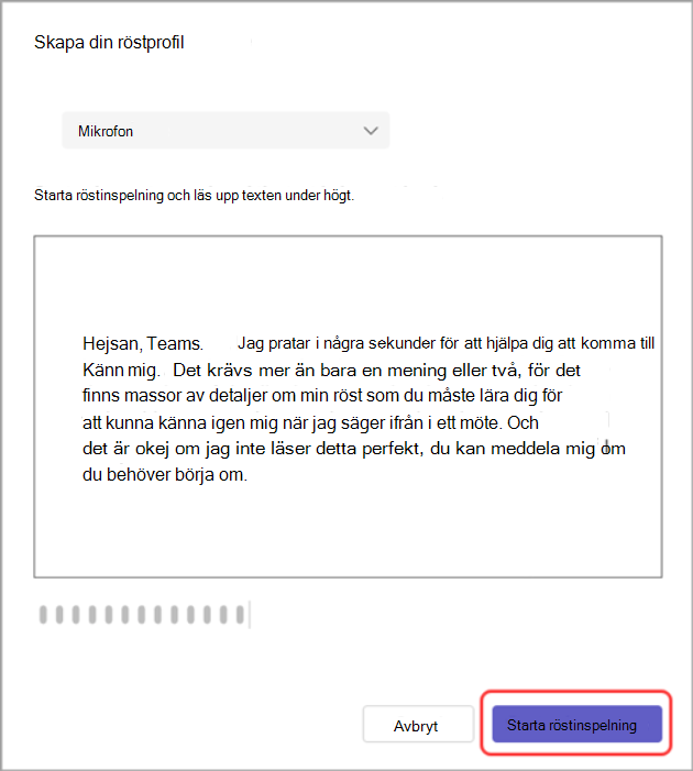 Skärmbild av dialogrutan Skapa din röstprofil med knappen Starta röstinspelning markerad.