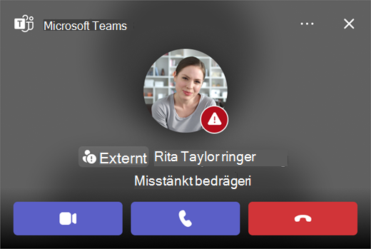 Skärmbild av ett misstänkt samtal i Microsoft Teams av typen Bluff.