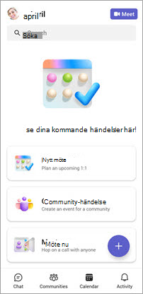 Skärmbild av fliken Kalender i mobila Teams kostnadsfritt