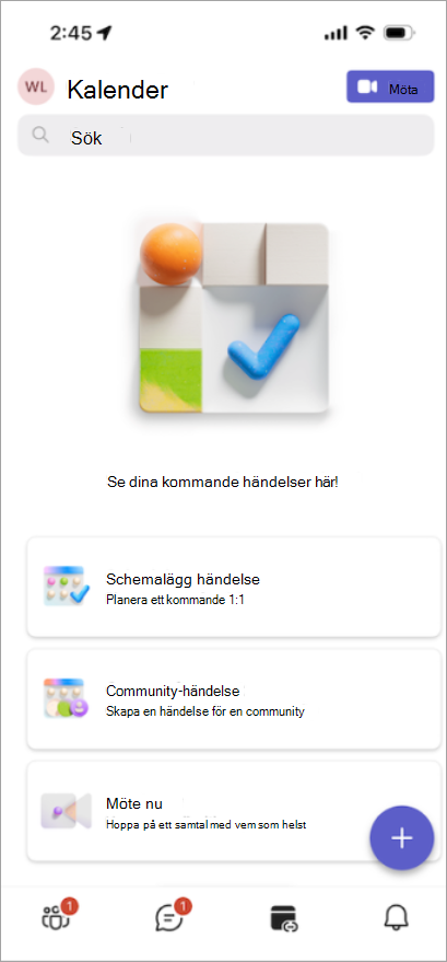 Organisera möten, community-händelser och annat från den nydesignade fliken Calendar.