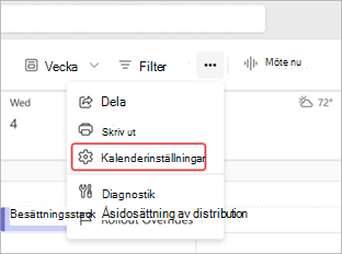 Skärmbild som markerar kalenderinställningar i Teams-kalendern.