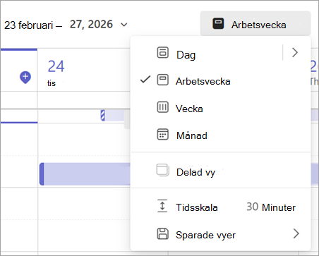 Skärmbild av den nedrullningsbara menyn med olika kalendervyer i Teams.