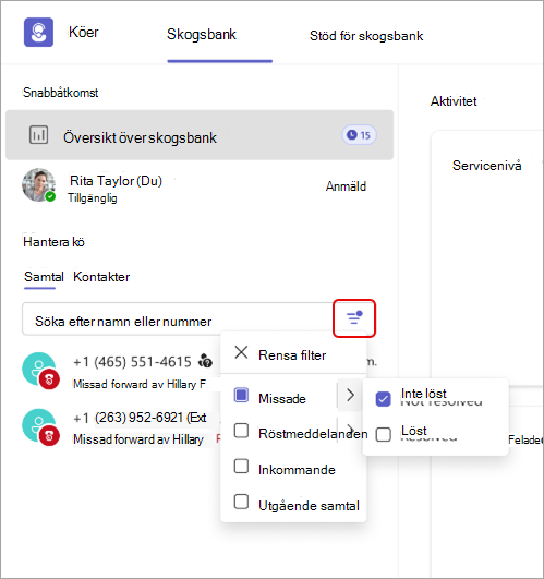Skärmbild som visar information om samtalsfilter i appen Köer.