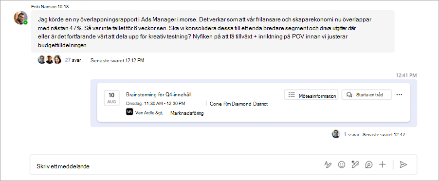 Skärmbild som visar den trådade möteschatten i en Microsoft Teams-kanal.