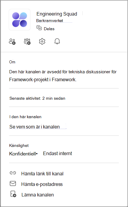 Skärmbild av ett kanalkort. Peka på ett kanalnamn för att visa kanalkortet.