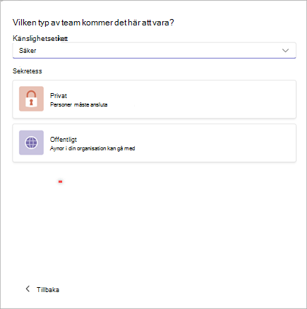 Skärmbild av ett fönster för att skapa ett nytt team i Microsoft Teams med alternativ för att ange känslighet som Säker och sekretess som Privat eller Offentlig.