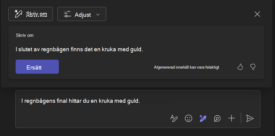 Skärmbild som visar hur omskrivning med Copilot-verktyget hjälper till att förbättra ett textstycke.