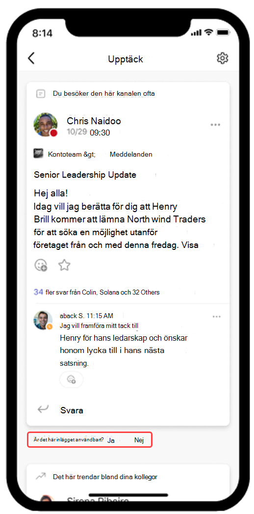 Skärmbild som visar Teams Discover feed öppen i mobilen