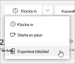 Alternativet Exportera tidrapport i Arbetspass om du vill exportera gruppens tidrapportsrapport.