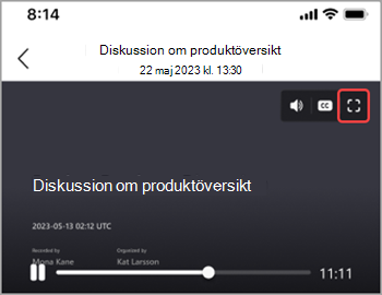 Tryck på helskärmsikonen om du vill visa en mötesinspelning över hela skärmen.
