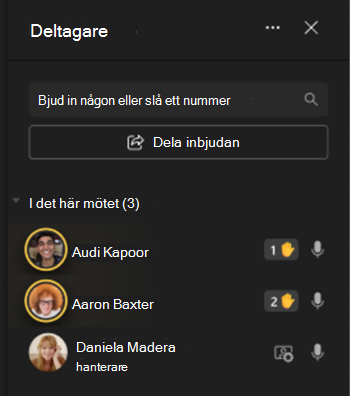 Bild som visar deltagare till vänster på skärmen med ikoner för handhöjning.