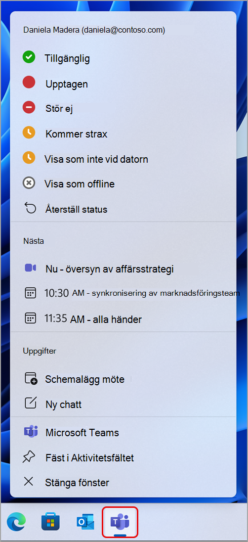 Skärmbild som visar åtgärder du kan vidta i Teams via Aktivitetsfältet i Windows.
