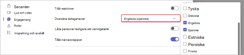 Mötesalternativ som visar hur du lägger till språk för liveöversatta bildtexter i en händelse.