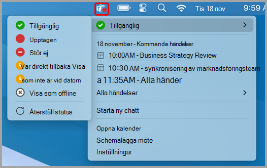 Skärmbild som visar snabbåtgärdsmenyn för Teams på Mac.