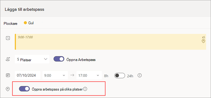 Skärmbild som visar växlingsknappen Öppna arbetspass mellan platser för ett öppet arbetspass.