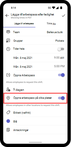Skärmbild som visar växlingsknappen Öppna arbetspass mellan platser för ett arbetspass på en mobil.