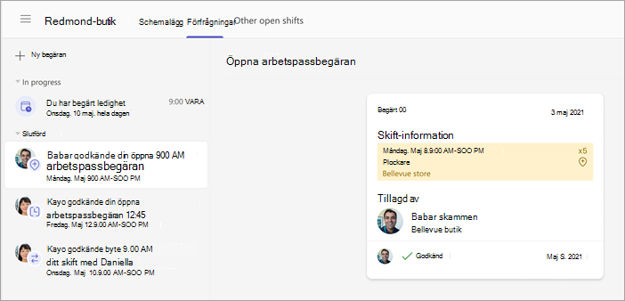 Skärmbild av en arbetares öppna arbetspassbegäran som godkänts av en chef.