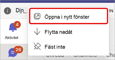 Skärmbild som visar hur du visar en Teams-app i ett nytt fönster.