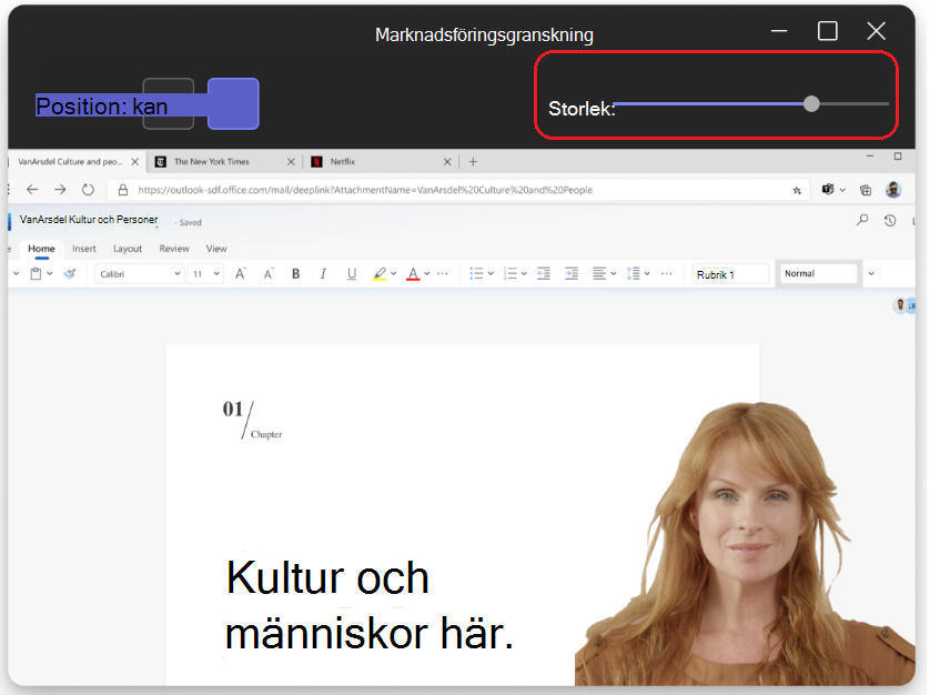 Bild som visar reglaget för storlek högst upp på sidan i föredragshållarläge.