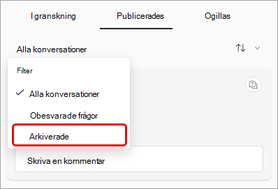 Skärmbild av den nedrullningsbara menyn Q&A-filter med arkiverat markerat.
