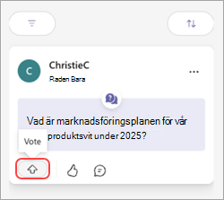 Ett Teams-meddelande med knappen Rösta och uppåtpilen.