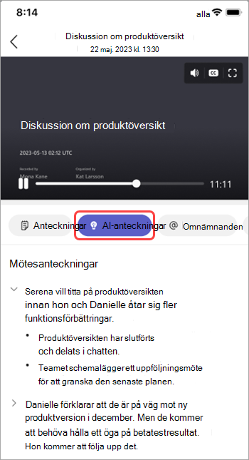 Visa AI-genererade anteckningar i Teams-mötessammanfattning.