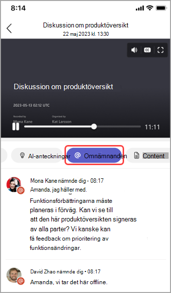 Visa namnomnämnanden i Teams-mötessammanfattning.