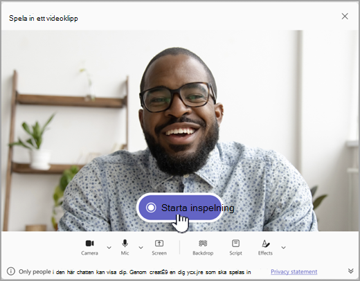Skärmbild av alternativ för att spela in ett videoklipp i Microsoft Teams