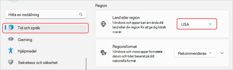 Nationella inställningar på en Windows-enhet.