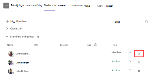 Skärmbild av en gruppmedlemslista med alternativ för att lägga till medlemmar, söka och ta bort. Välj X till höger om ett teammedlemmars namn för att ta bort dem.