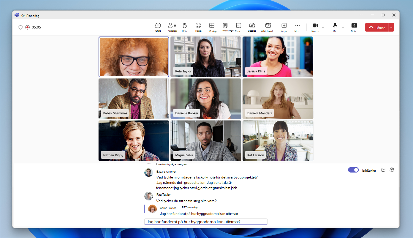 Skärmbild som visar RTT-upplevelsen i ett Microsoft Teams-möte.